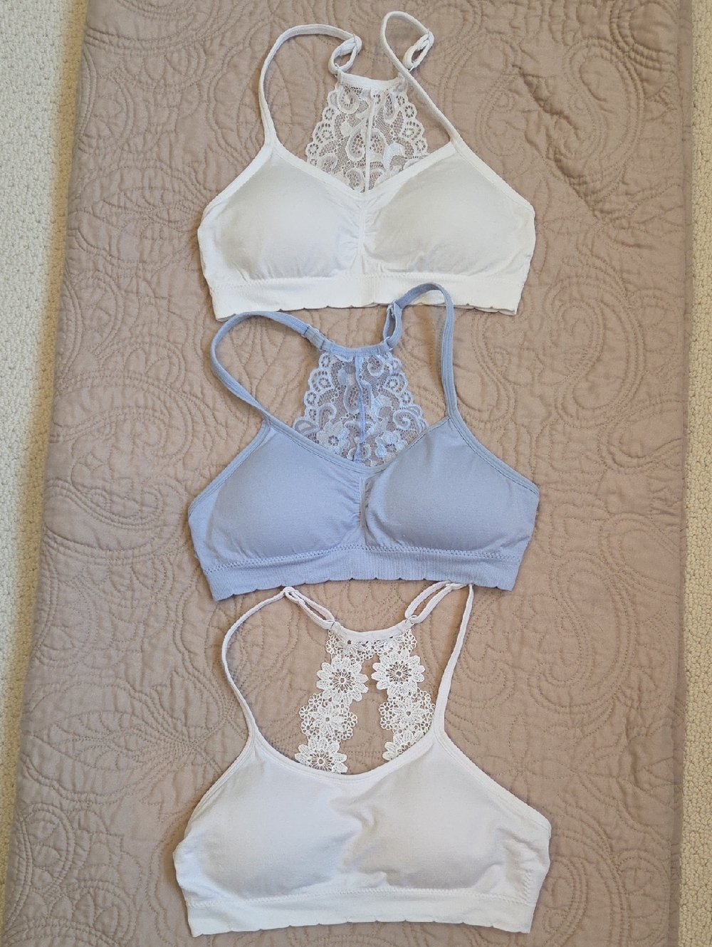 Laura Ashley Lace-Back Bralettes in White & Light Blue
